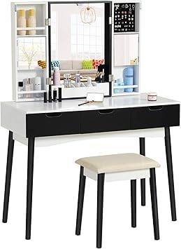 Amazon Com Tiptiper Vanity Set Makeup Vanity Table With Shelves And Jewelry Storage Vanity Mirror Desk With 3 Large Drawers And Cushioned Stool Furniture Decor