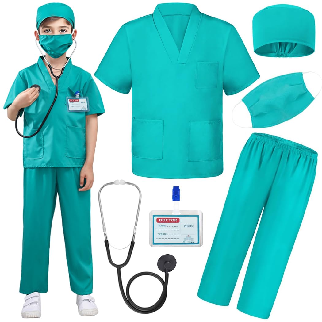 Doctor Nurse Scrubs, Kids Role Play Doctor Costume With Realistic Accessories for Boys Girls Ages 3-12(Doctor Scrubs, Light Green/3-4T)