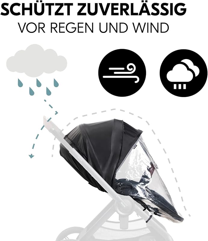 Universal Kinderwagen Regenschutz 91 x 92 x 85 cm mit Reflektierender Umrandung, Kontakt & Belüftungs Fenster, Einfache Klettverschluss Befestigung am Kinderbuggy Sitz (Transparent)