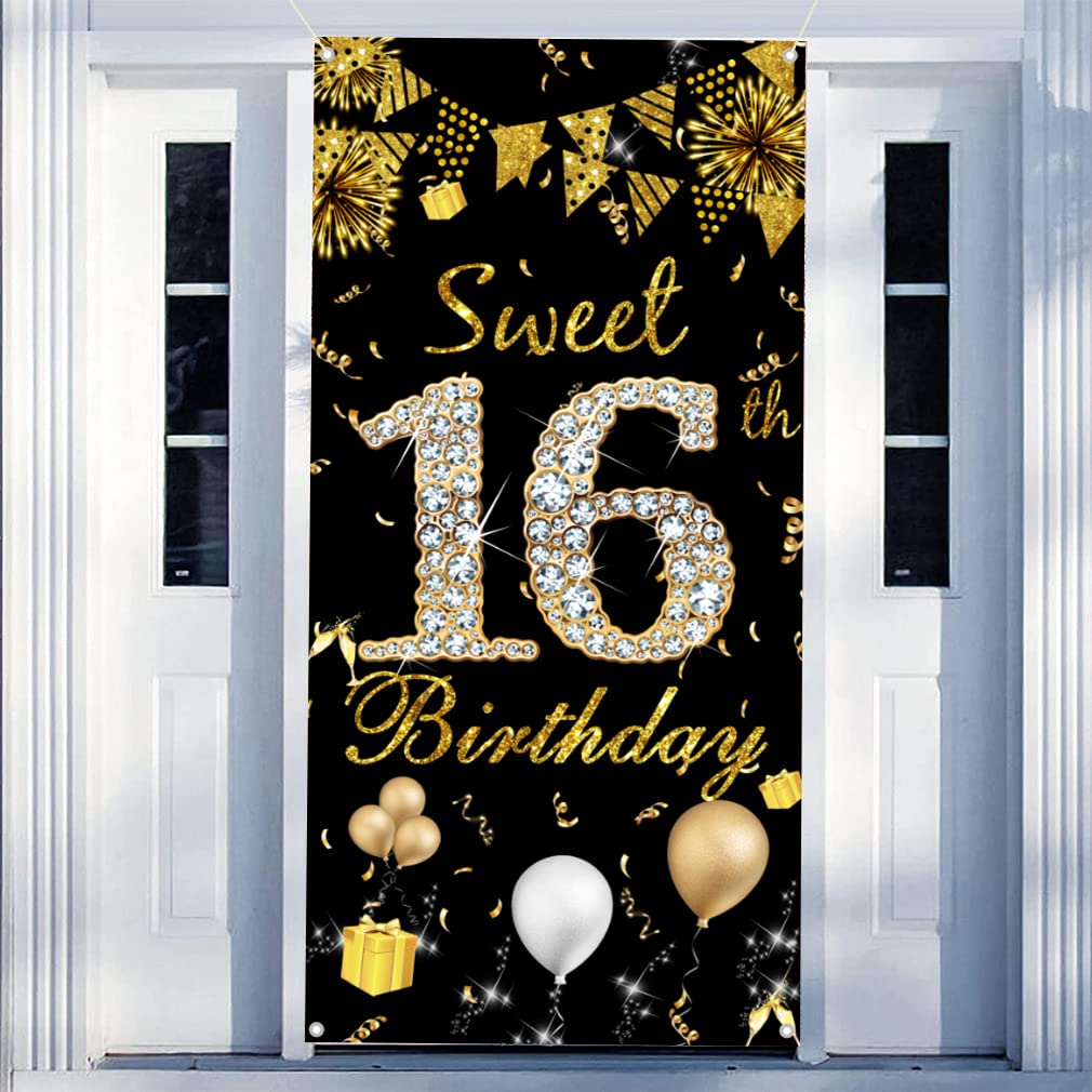 Sweet 16 Birthday Decoration for Girl, Cute 16th Birthday Banner Black and Gold, Fabric Sign 16th Birthday Poster, 16th Birthday Door Banner For Girls Birthday Party Supplies Welcome Sign