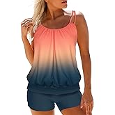 Modlily Tummy Control Tankini Swimsuits for Women, Lightweight Two Piece Bathing Suits, Blouson Top with Boyshorts