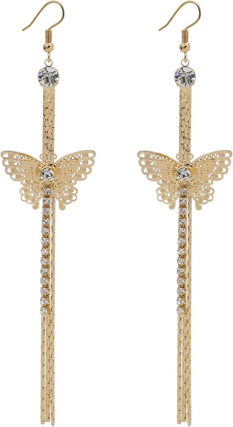 Chic Womens Rhinestone Butterfly Drop Pendant Long Tassels Hook Linear Earrings (Golden)