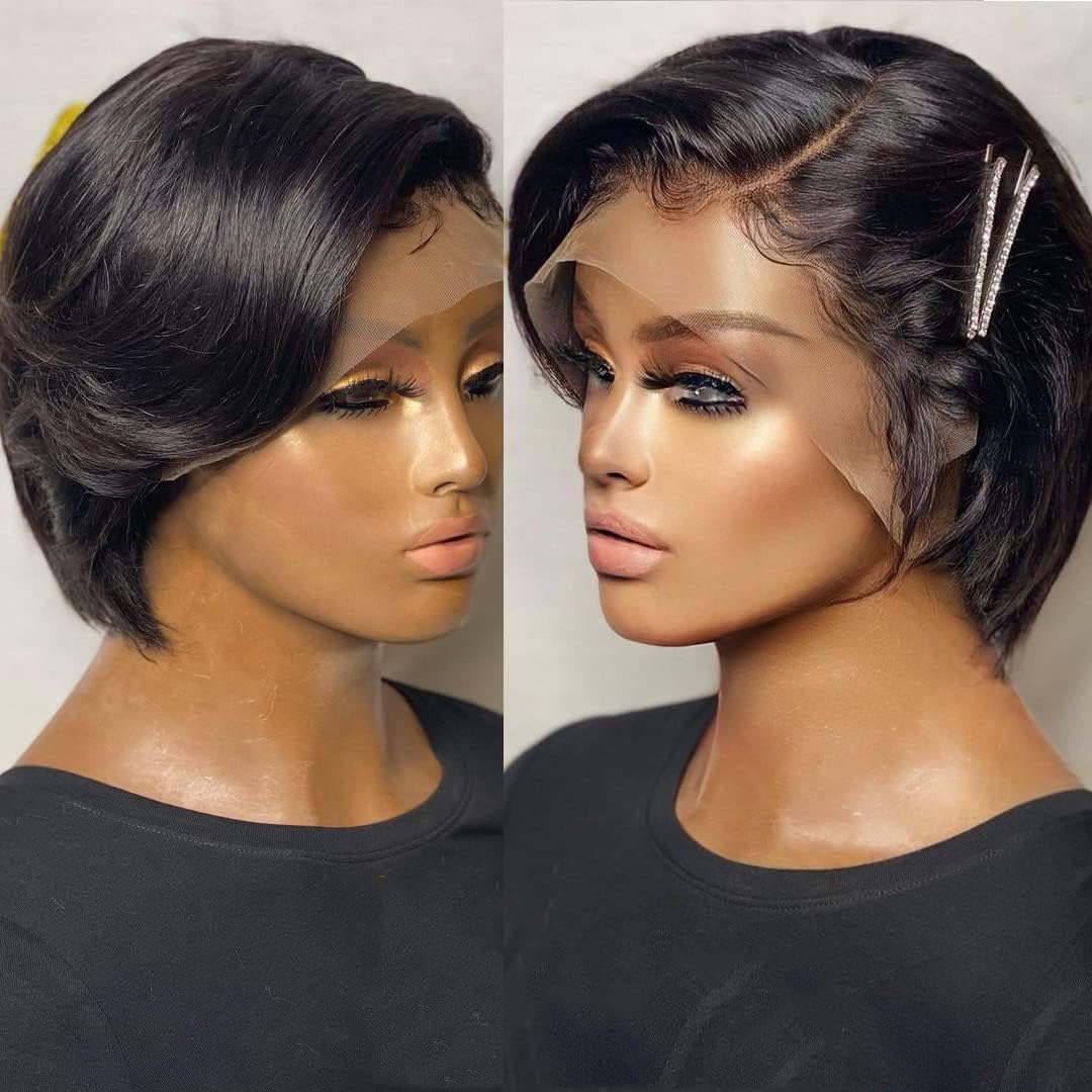 Short Pixie Cut Lace Front Wig Human Hair, 13x4 Lace Frontal Bob Wigs for Women 8 inches Short Straight Wig Natural Black Brazilian Human Hair