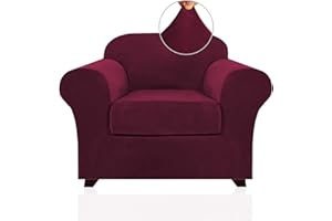 PrinceDeco Velvet Stretch Chair Covers 2 Piece Armchair Slipcovers - Include Base Cover and Cushion Cover - Sofa Covers Couch Covers 1 Seater Chair Slip Cover, Feature Thick Soft Velour, Burgundy