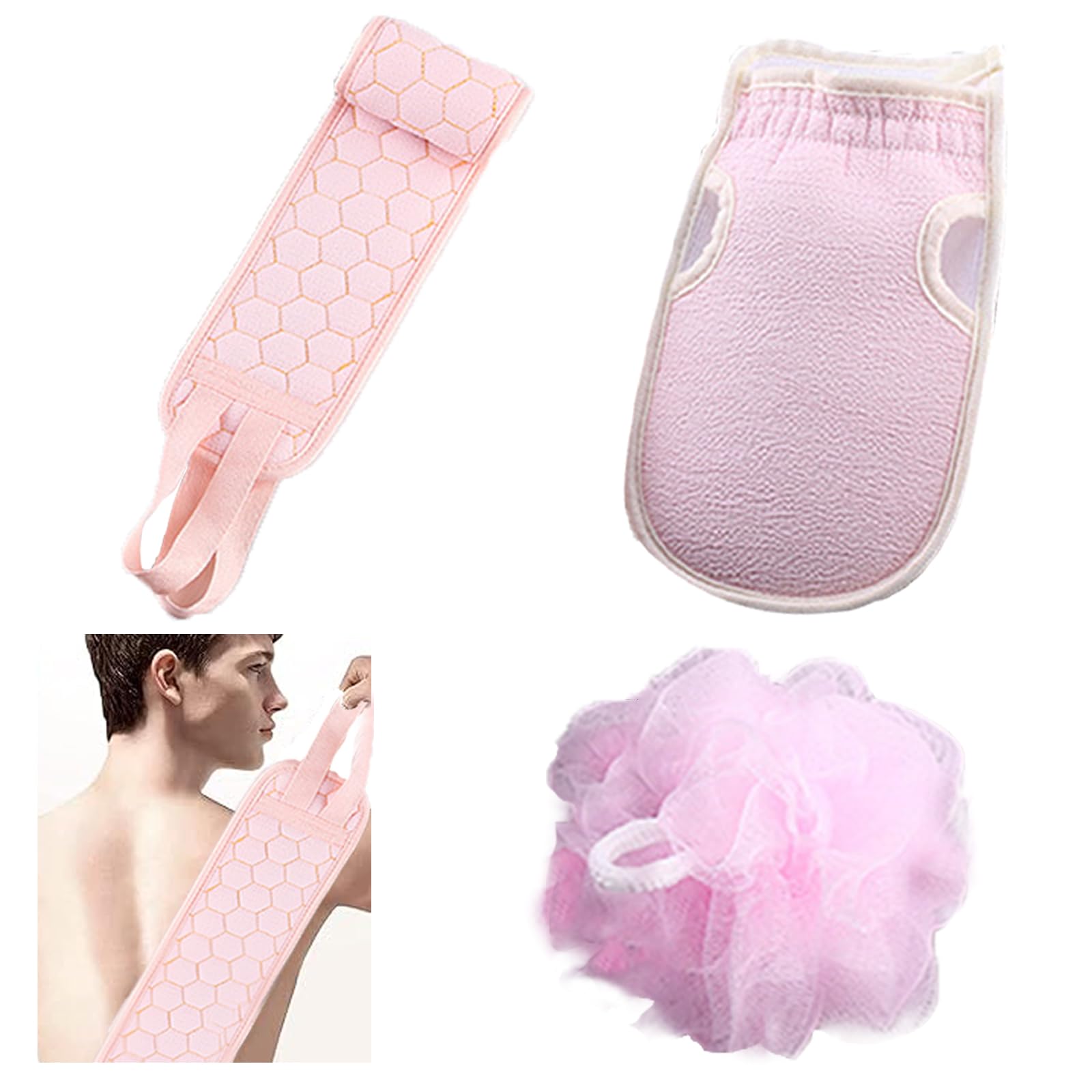 KASESSS Shower Back Scrubber, Long-handled, Exfoliating, Pink, Plant Fibre, Oxygen-absorbing Active Cotton, 3 Count