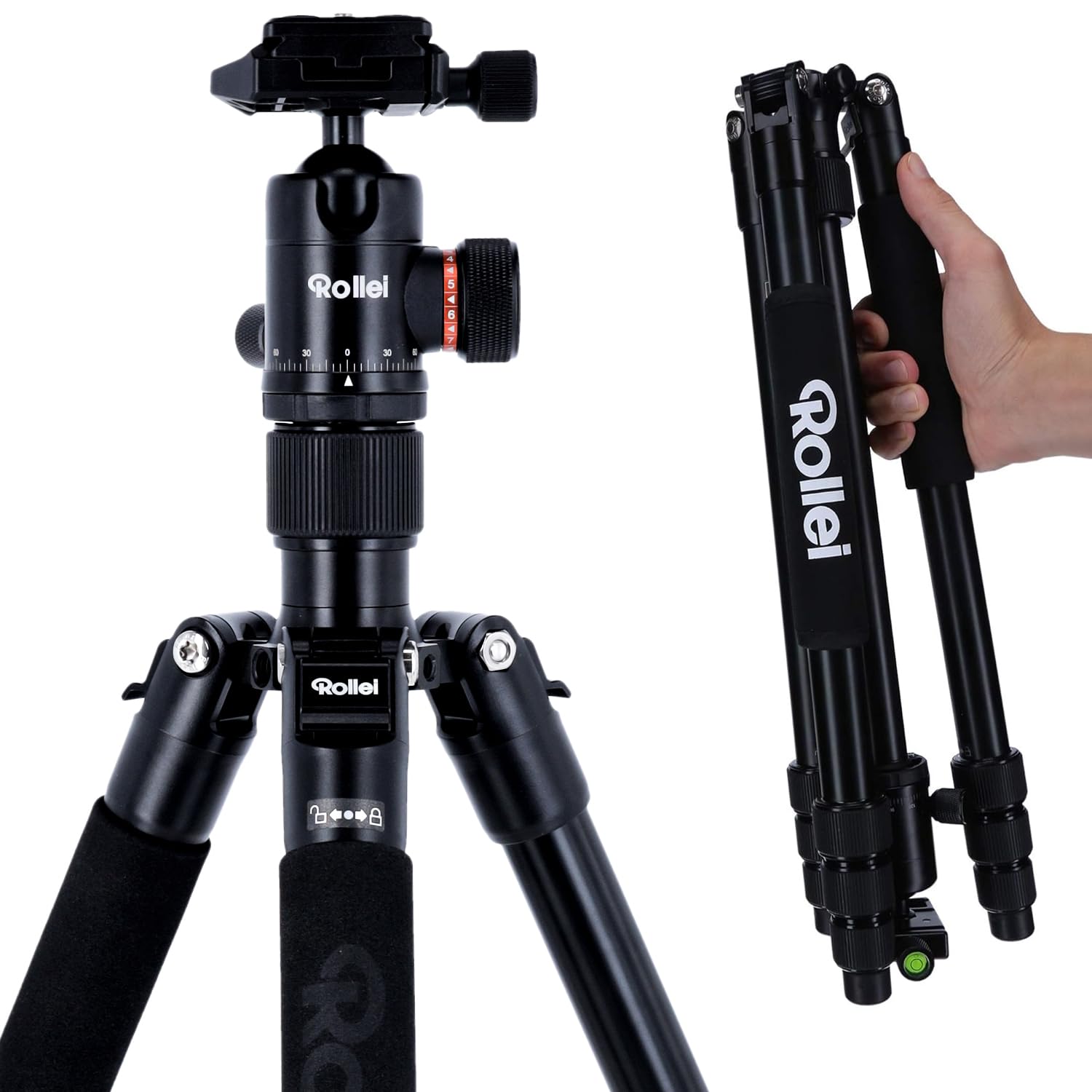 Rollei C5i - kompaktes, leichtes, allround Fotostativ aus Aluminium mit Kugelkopf und Stativtasche, Verwendbar als Dreibeinstativ, Ministativ, Makrostativ und Monopod, Arca Swiss kompatibel -Schwarz