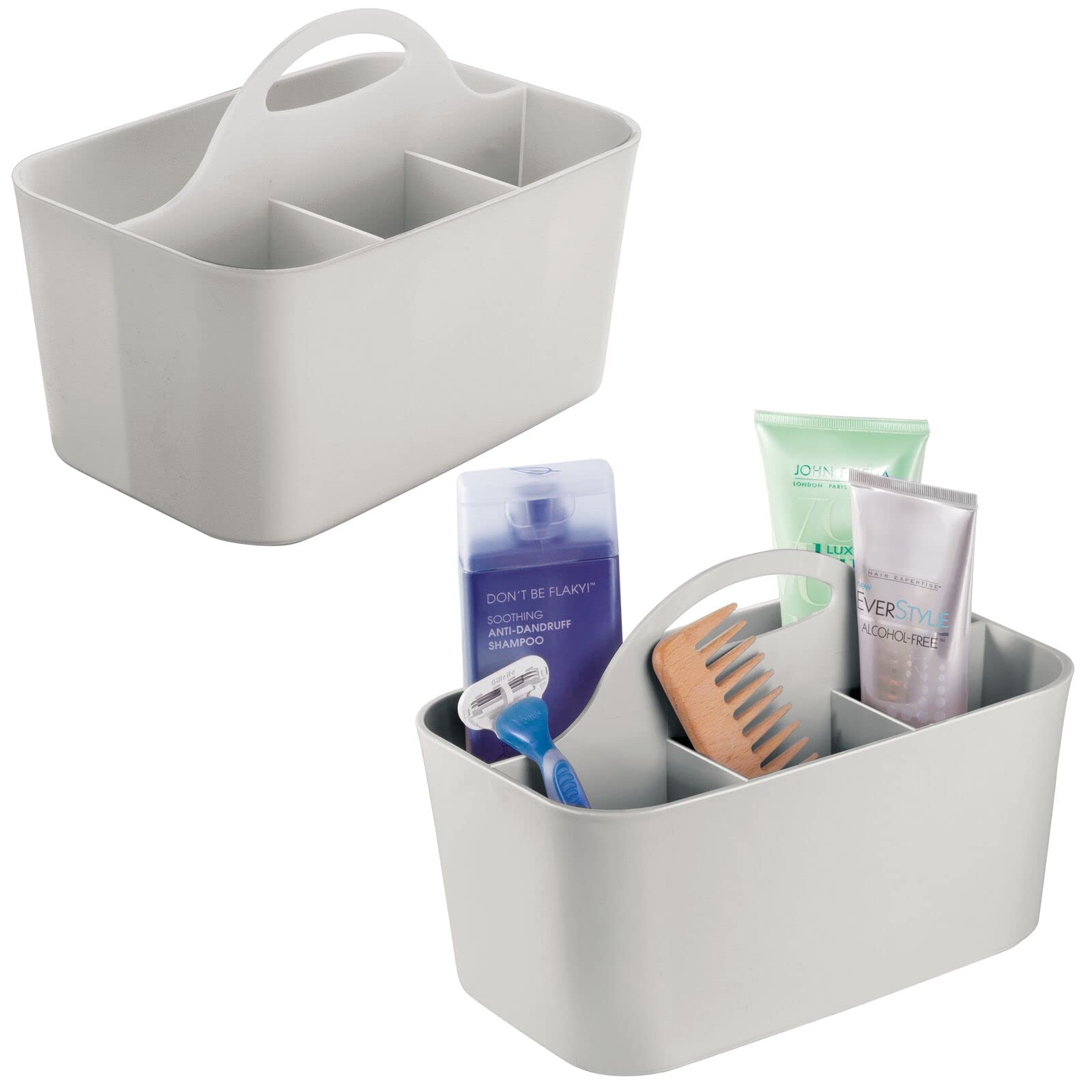 mDesign Set of 2 Bathroom Basket with Handles – Small Cosmetics Organiser with 4 Compartments – Also Ideal as a Kitchen Organiser or Shower Caddy – Light Grey