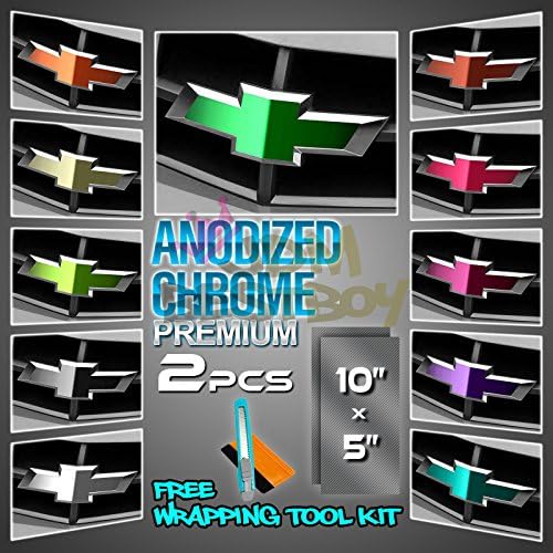 JDMBESTBOY Free Tool Kit 2Pcs 5"x10" Chevy Emblem Bowtie Anodized Chrome Teal Vinyl Wrap Sticker Decal Film Sheet