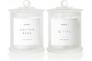 Ronasip Qtip Holder & Cotton Pad Dispenser, Bathroom Organizer and Storage Canisters, 16oz Glass Apothecary Jars for Kitchen,