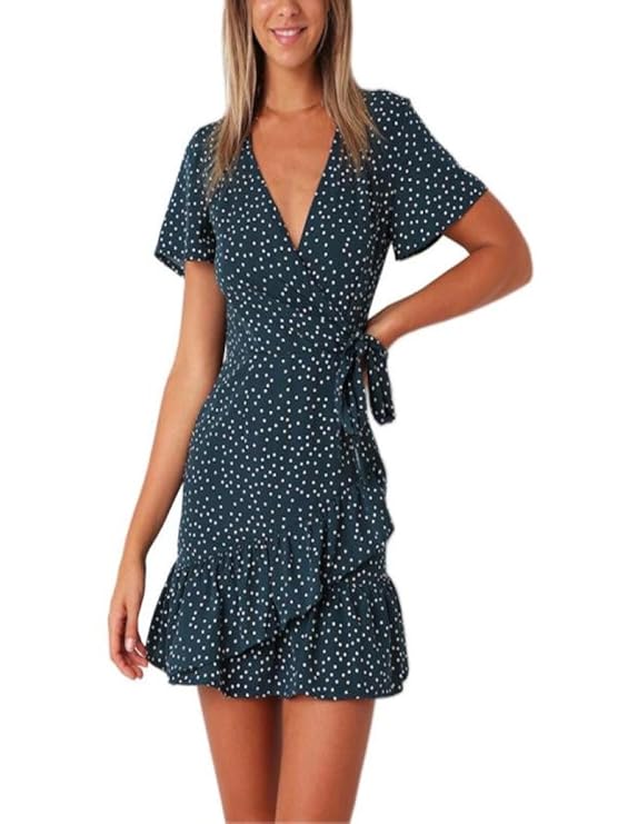 ESAILQ Frauen Sommer Dot Floral Flare V-Ausschnitt Bogen Rüschen Bohe Party Short Mini Dress