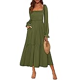 MASCOMODA Womens 2026 Spring Long Sleeve Casual Midi Dress Smocked Square Neck High Waist Flowy A Line Wedding Guest Dresses