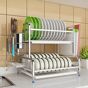 Escurreplatos 2 Niveles Acero Inoxidable Soporte Almacenamiento Platos