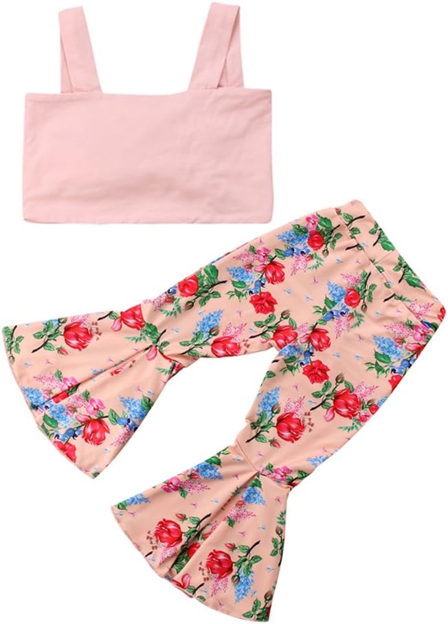 KIDSA 1-6T Toddler Baby Little Girls Summer Clothes Bowknot Tube Tops + Floral Bell-Bottom Pants 2Pcs Cute Outfits Set
