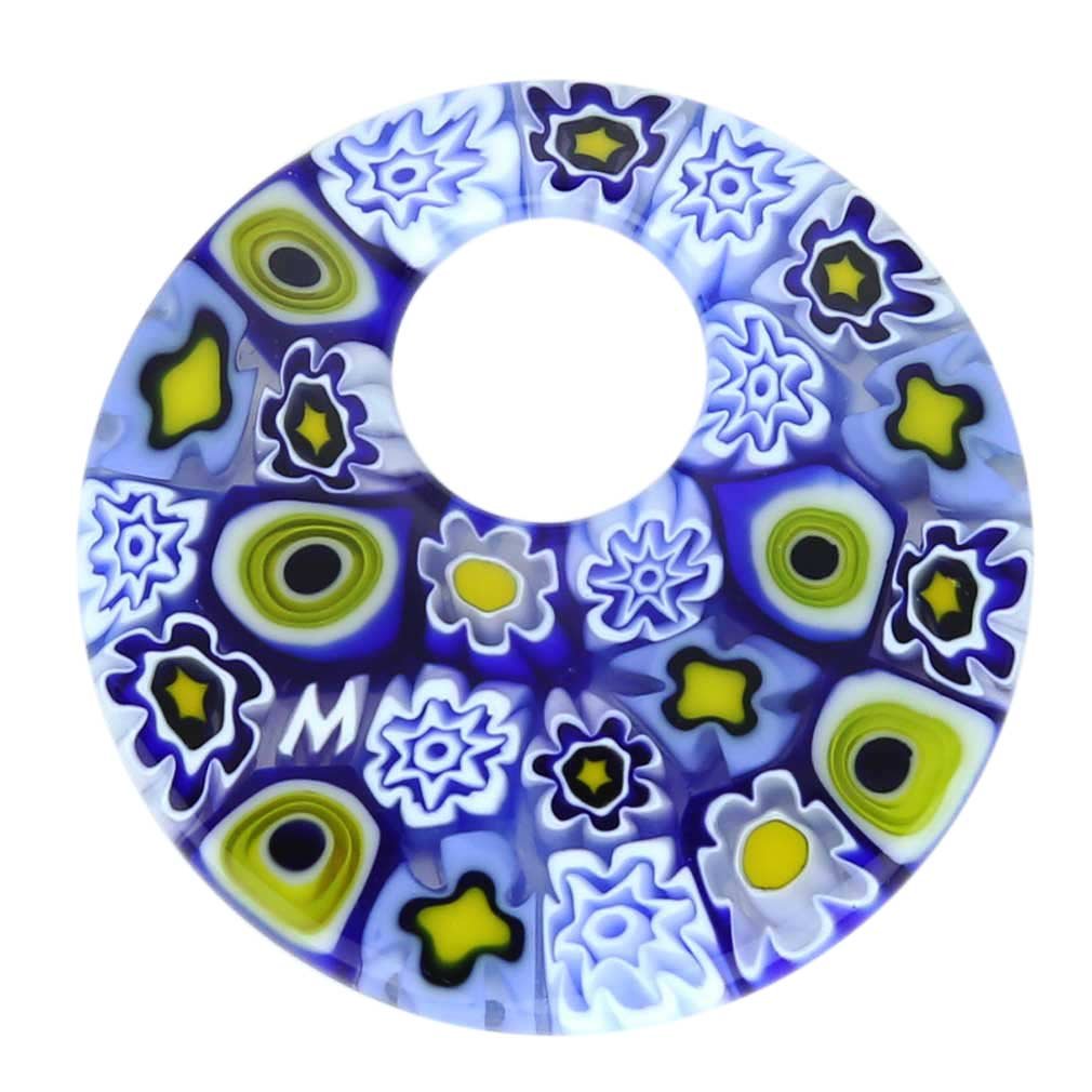 Glass Of Venice Murano Glass Millefiori Medium Round Pendant - Blue and White