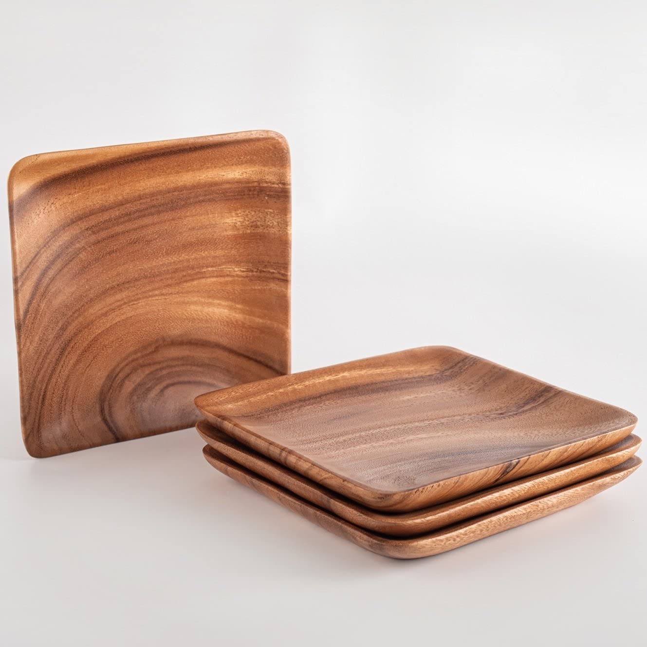 SiamMandalay Contemporary Square Acacia Wood Plate/Chargers (Set of 4): 7" Handmade Modern Style Wooden Dinner Server Trays Eco-Friendly Sustainably Made Kitchen & Dinnerware