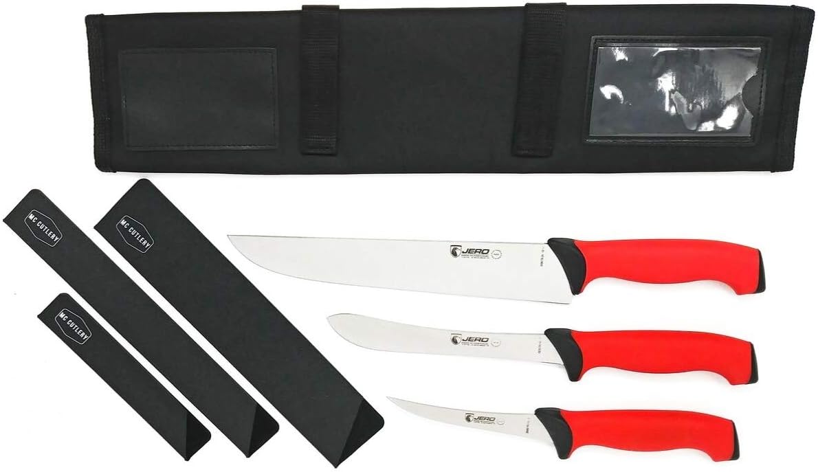 Jero Pro Series TR 7 Piece Traveling BBQ Knife Set - Professional Meat Processing Knives - Wide Blade Butcher/Slicer, Narrow Blade Butcher, and Boning - Includes Case and Blade Guards
