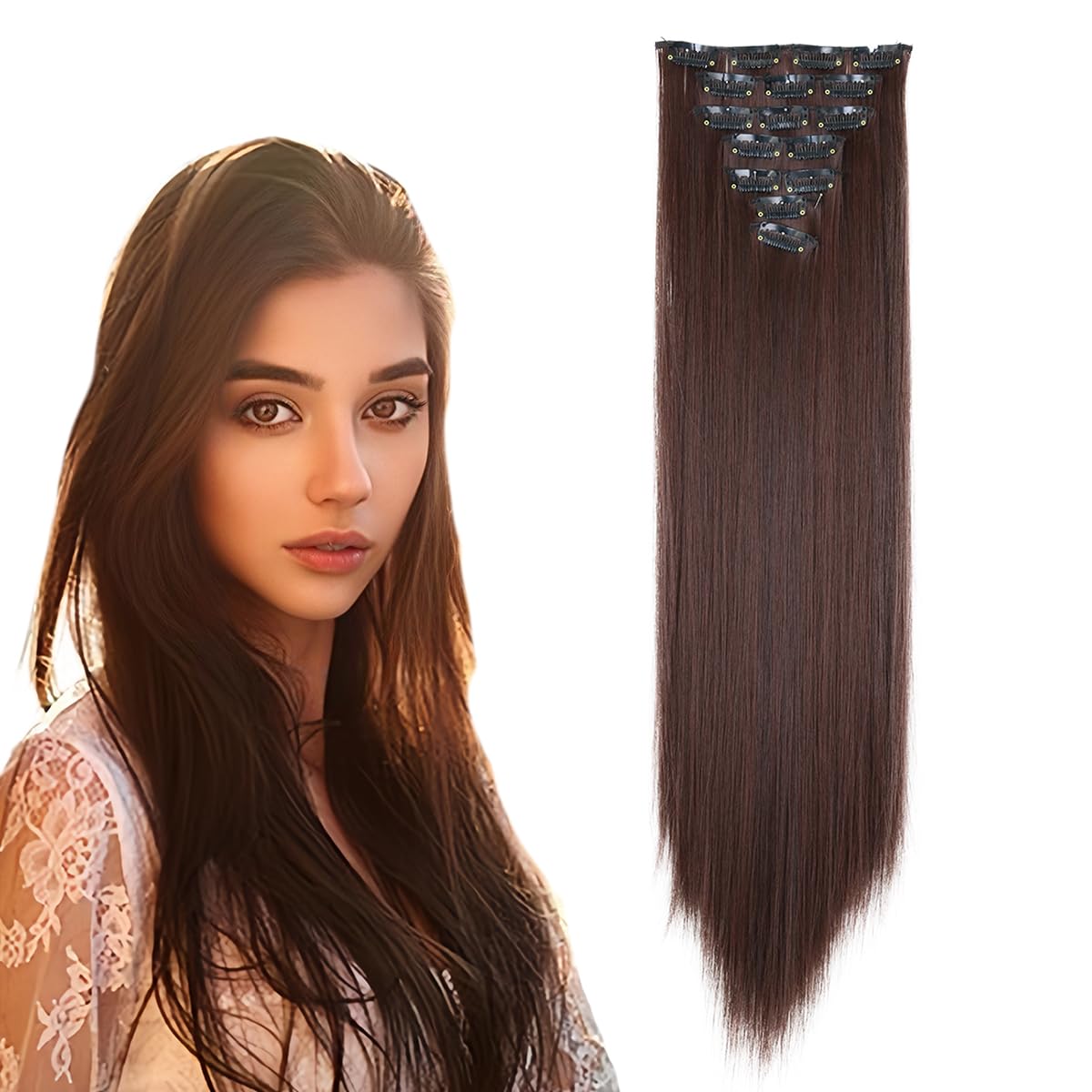 prinfantasy Halo Hair Extension Long Straight Clip in Synthetic Hairpiece Brown Hair Pieces for Women, MW147 โ image 1