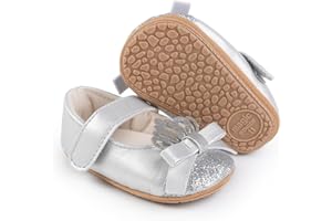 Clowora Infant Toddler Baby Girl Dress Shoes Mary Jane First Walking PU Leather Princess Wedding Rubber Sole Non-Slip with Bowknot Floral Flats