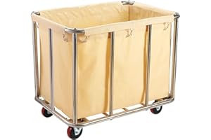 FRIDES Commercial Laundry Cart with Wheels, 11.35 Bushels Large Laundry Roller with Removable Waterproof Canvas Lined Basket, Heavy Duty Stainless Steel Laundry Basket for Hotels and Hospitals