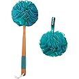 AmazerBath Shower Sponge Loofah Back Scrubber, PE Soft Mesh Loofah Body Scrubber with Long Wooden Handle, Bath Sponge for Men Women (Green)