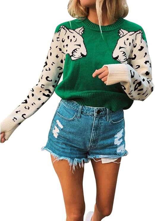 Amazon Oluolin レディース タイガー ヒョウ柄 セーター カジュアル 長袖 ニット プルオーバー クロップド セーター トップス セーター 通販