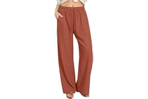 Linen Pants Women Baggy Wide Leg Lounge Pants Elastic High Waist Dressy Slacks Lightweight Beach Travel Trousers
