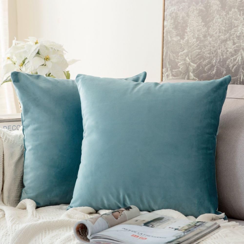 MIULEE Velvet Soft Soild Microfiber Decorative Square Pillow Case Throw Cushion Cover for Sofa Bedroom with Invisible Zipper 16x16 Inch 40x40cm Teal Green Set of 2 Lined