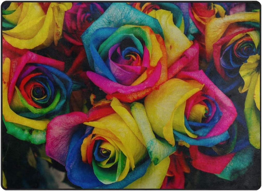Roses Colored Tinted Colorful Artificial Flowers Area Rug for Teens NonSlip Super