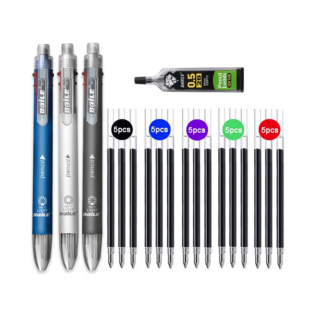 MROOFUL 6 in 1 Multicolour Retractable Ballpoint Pen Mechanical Pencil Set 3pcs Pen 25pcs Refills Black Blue Red Green Purple Ink with 1 Tube Lead
