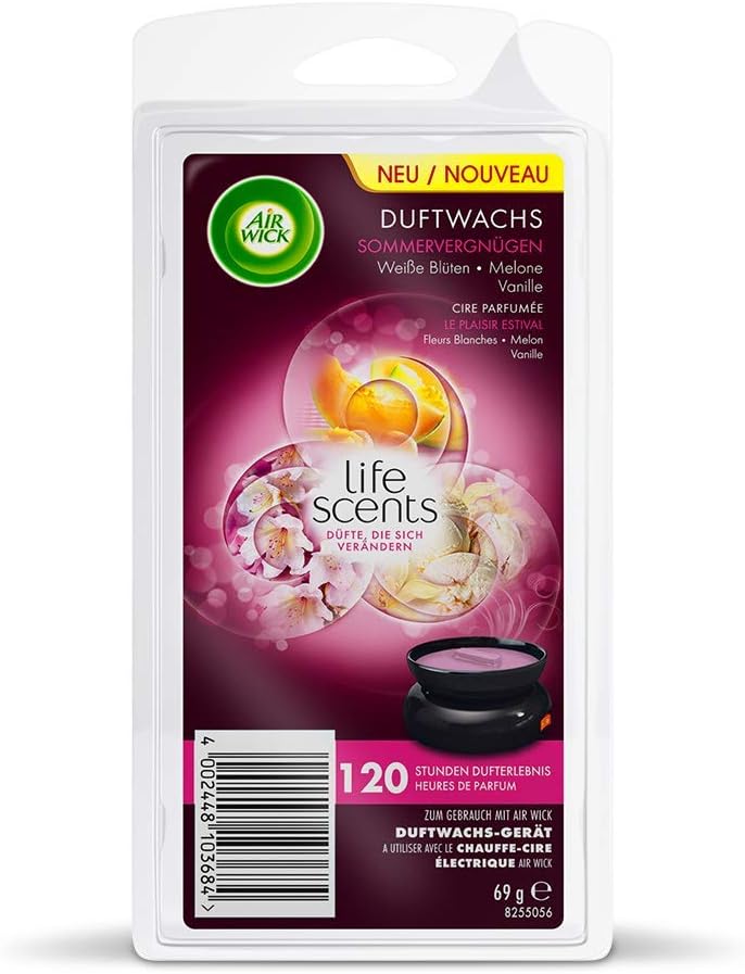 Air Wick Duftwachs – Nachfüller für das Air Wick Duftwachs-Gerät – Duft: Sommervergnügen – Bis zu 120 Stunden Dufterlebnis – 2 x 6 Duftwachsstäbchen