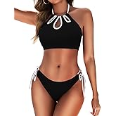 Zojuyozio Women Two Piece Bathing Suit Color Block Swimsuit Floral Cutout Swimwear High Neck Halter Bikini Set