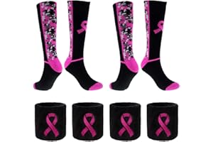 CHEROO Sports Breast Cancer Awareness Pink Ribbon Socks & Wristbands Set - 2 Pairs Athletic Digital Camo Socks+ 4 Pcs Sweatbands