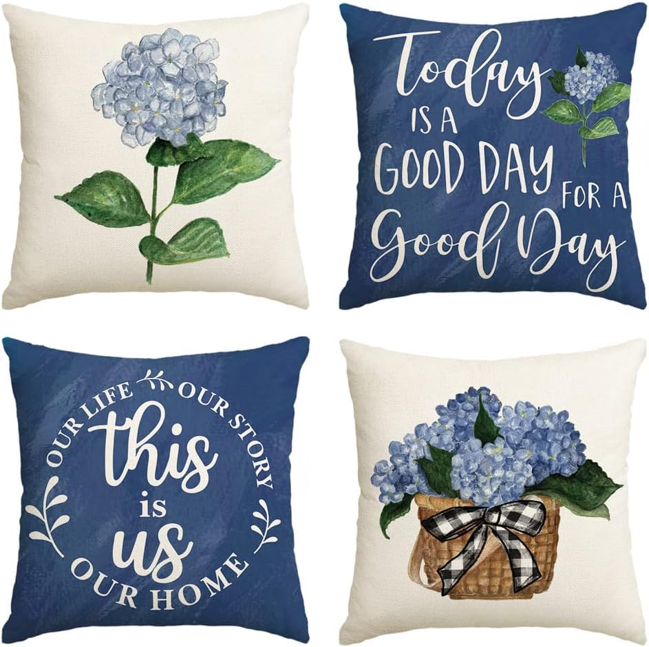 BAOKU Set of 4 Pillow Covers 18x18 Inch Decorative Cushion Covers,Cushion Covers with blue Flower Room Chair Sofa Pillowcase 45x45cm
