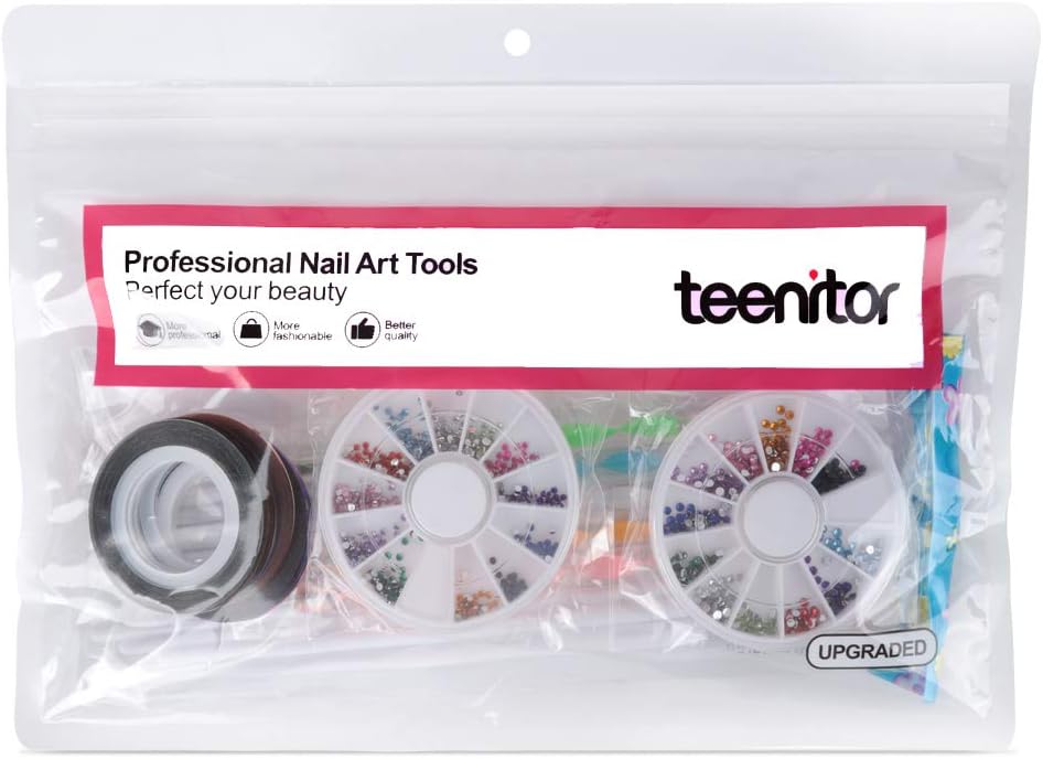 Nail Art Brushes, Teenitor 3D Nail Art Paiting Polish Design Kit with 15 Nail Gel Brushes, Nail Dotting Pen 5pcs, 12 Colors Nail Rinestones & 10 Adhesive Nail Striping Tape for False Acrylic Nails: Arts, Crafts & Sewing