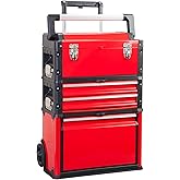BIG RED Stackable Portable Metal Tool Box Organizer with Wheels and 2 Drawers, Rolling Upright Trolley Tool Chest for Garage 