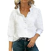 CHERRYBETTY Women's White Textured Floral Embroidery Blouse Ruffled V-Neck 3/4 Puff Sleeve Button-Down Casual Tops
