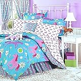 Girls Turquoise Blue & Pink PONY HORSE Comforter Set W/Sheets (Bed in a Bag) (QUEEN SIZE)