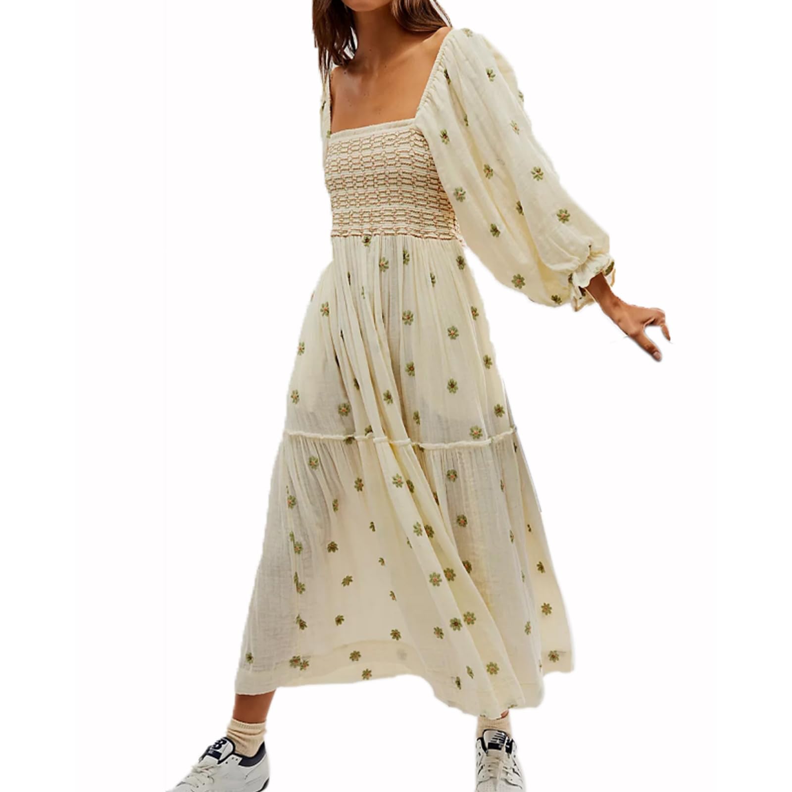 Photo 1 of ABYOVRT Women Floral Embroidered Maxi Dress Long Puff Sleeve Square Neck Bohemian Flowy Dress with Pockets Summer Fall (Cream,L)