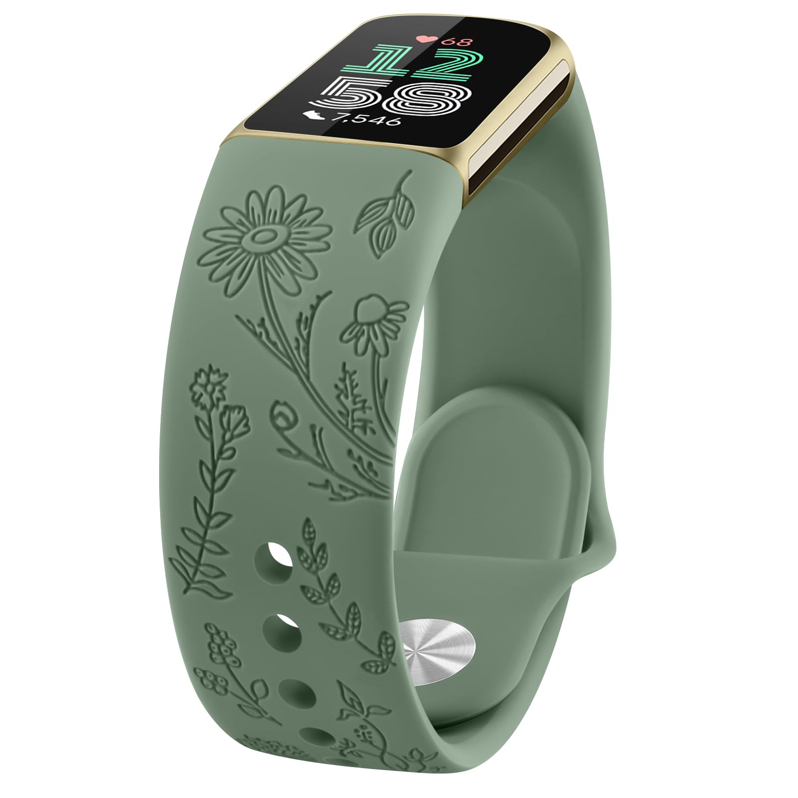 Tobfit Flower Pattern Strap compatible for Fitbit Charge 6 / Charge 5 Strap for Women Men, Adjustable Silicone Replacement Band (Oliver green)