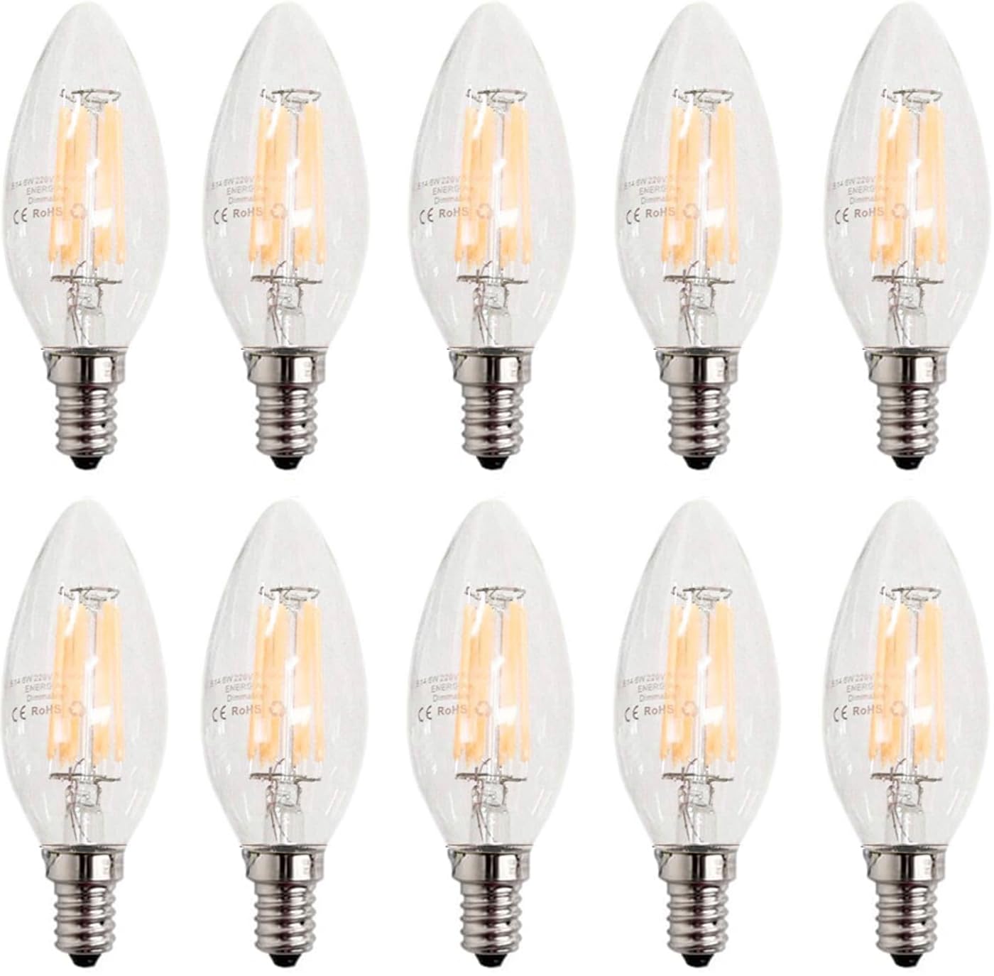 ZFQ Pack of 10 E14 Candle LED Lamp for Chandelier, Edison Led Filament Retrofit Classic, 6W, 600LM, 2700K Warm White, Equivalent Incandescent 60W, AC 220-240V, Dimmable