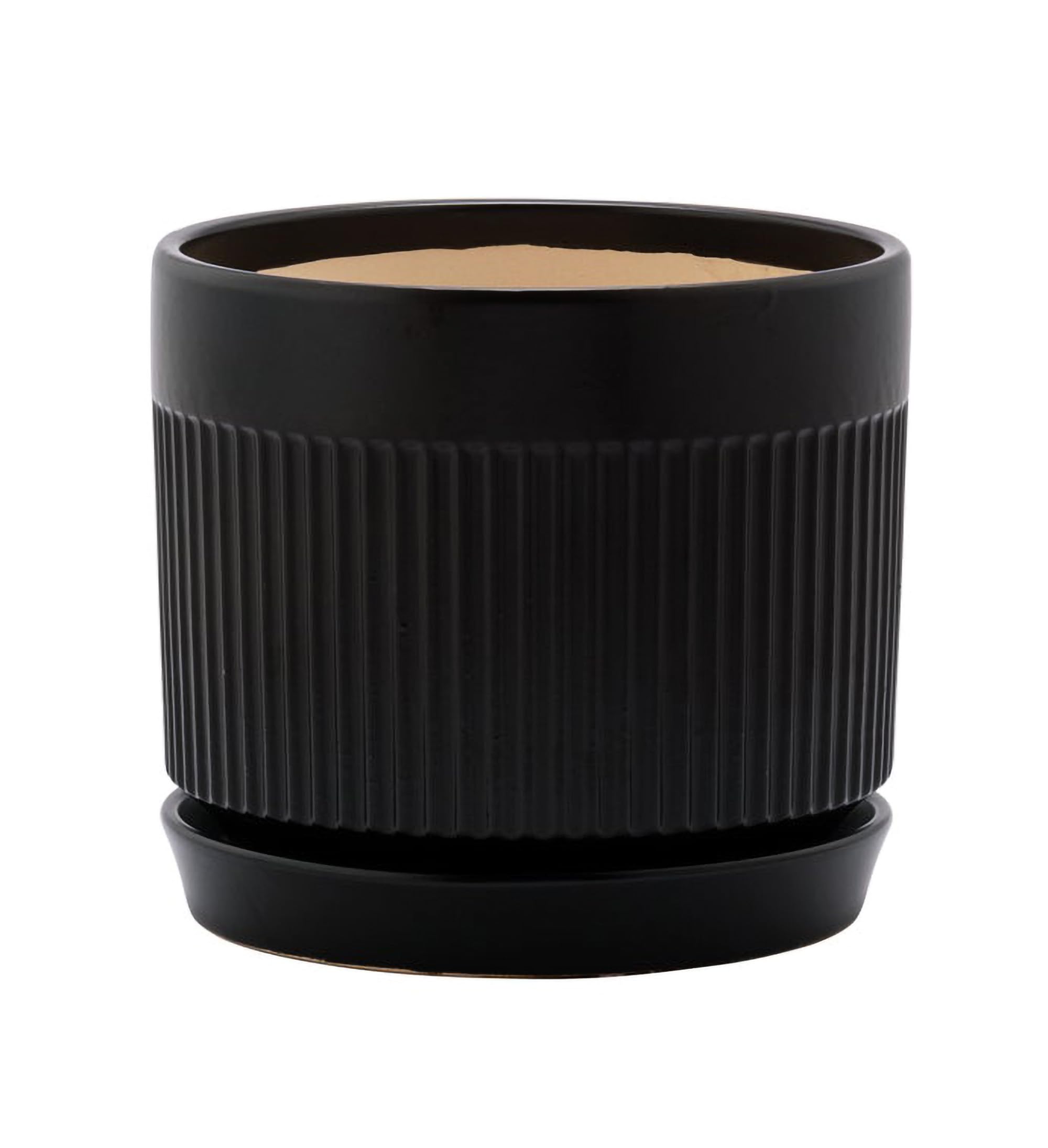 Photo 1 of Napco Imports Vertical Ribbed Design Ceramic 4.75 x 5 Inch Black Indoor Standing Planter Pot with Drain Hole and Attached Saucer