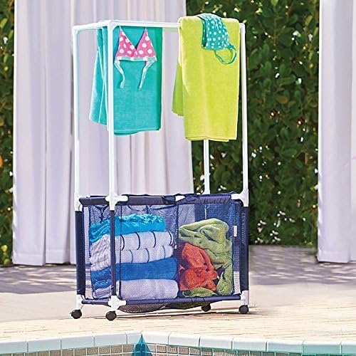 Multi Purpose Rolling Pool Storage Bin Noodles Beach Balls Towels Toys Mesh Basket Organizer (Towel Bar Bin and Hamper 28" W x 15" D x 54" H)