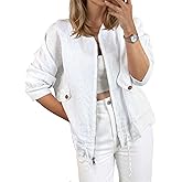 Tankaneo Womens Lightweight Bomber Jackets Casual Zip Up Drawstring Cotton Linen Jacket With Pockets