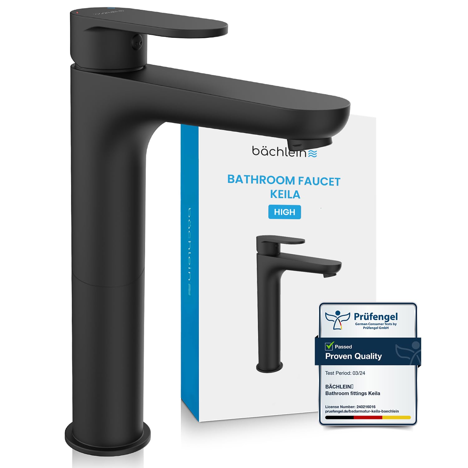 Bächlein High Tap for The Bathroom in Classic Design, Extra high Single-Lever Mixer for Countertop Washbasin with Installation Set, Matt Black Bathroom Faucet - Classic High