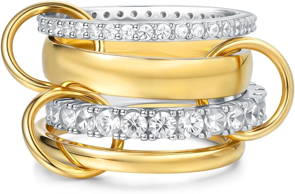 Photo 1 of 14K Gold Plating and Platinum Plating Stackable Interlocking Ring Set | Anti-Allergy Mixed Metal Multi-Ring Declaration Jewelry | Women's Festival Gift, Mother's Day/Birthday/Engagement Jewelry
