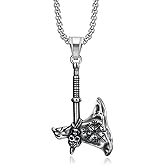 Axe Skull Pendant Punk Rock Stainless Steel Necklace for Men Women, 24 Inch Chain Hip Hop Halloween Jewelry Gift