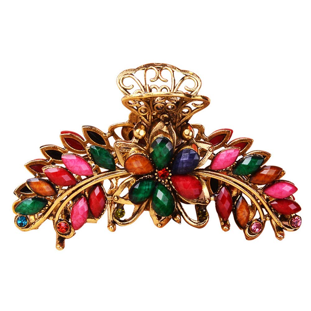 Women Lady Retro Flowers Alloy No-Slip Hair Claw Clip Hair Clamp Large Rhinestone Hair Grip Hair Pin Jaw Clip (Colorful)