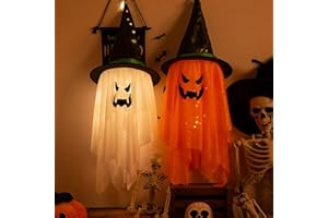 MENETOP Halloween Decorations Outdoor Decor 2PCS Hanging Lighted Glowing Ghost Witch Hat 38 inch Length Halloween Party LED Decorations Indoor Outside Ghost Ornaments Halloween Supplies (2pcs 38inch Length)