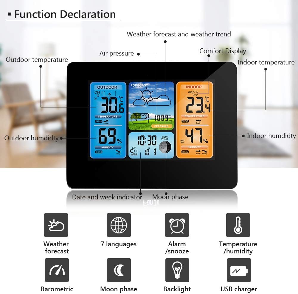 Houkiper Digital Color Forecast Weather Station with Alert Temperature/Humidity/Barometer/Alarm/Weather Clock - Image 5