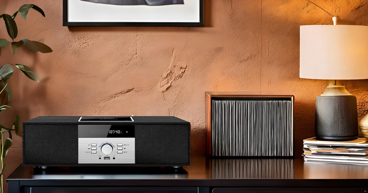 Nostalgic Bluetooth Stereo System for Home, WISCENT Vintage Micro HiFi Systems CD Player,with Bluetooth Audio Streaming,FM Radio,USB Port,Aux-in,Earphone Port (Black CD Player)